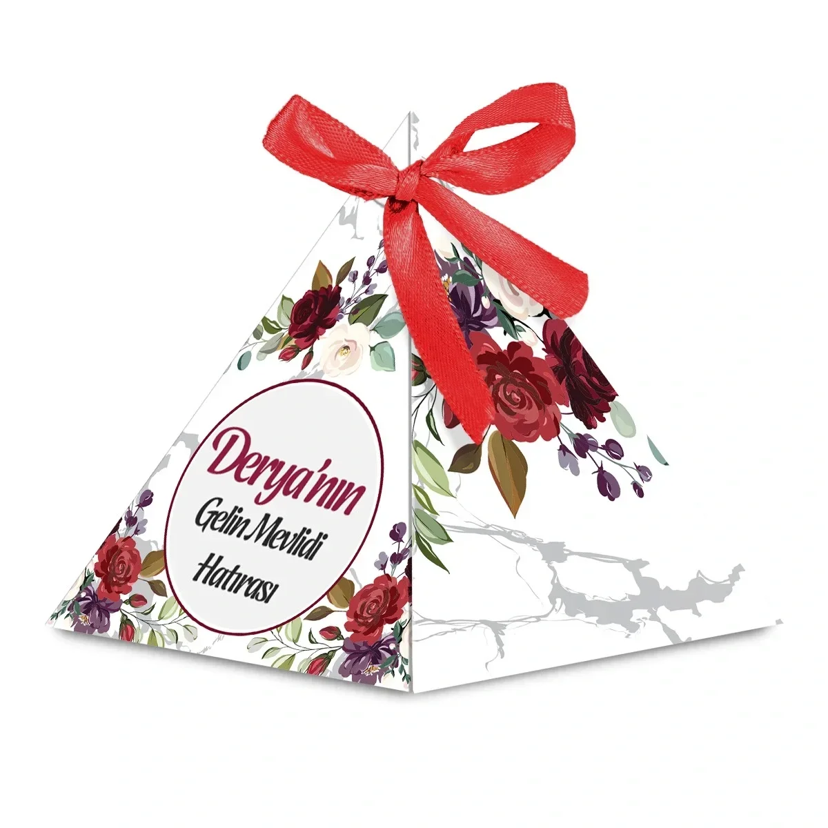 Altıgen Model Kırmızı Renkli Mevlüt Şekeri İçin İsme Özel Piramit Külah