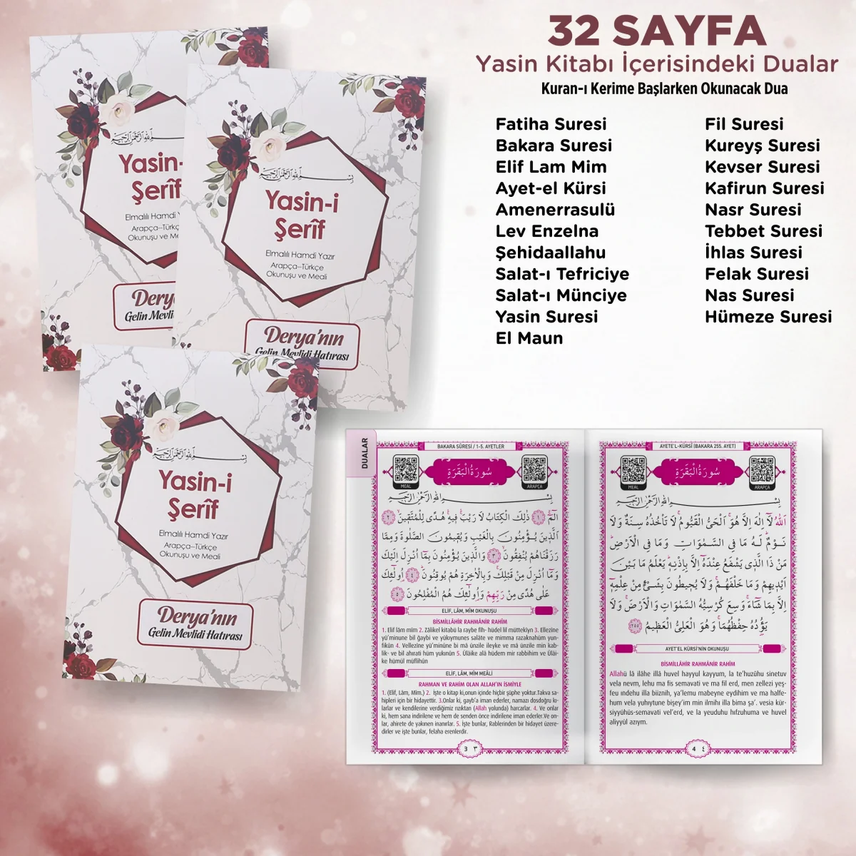 Altıgen Model Kırmızı Renkli Yasin Kitabı, Karton Çanta ve Tesbih - Mevlüt Hediyelikleri