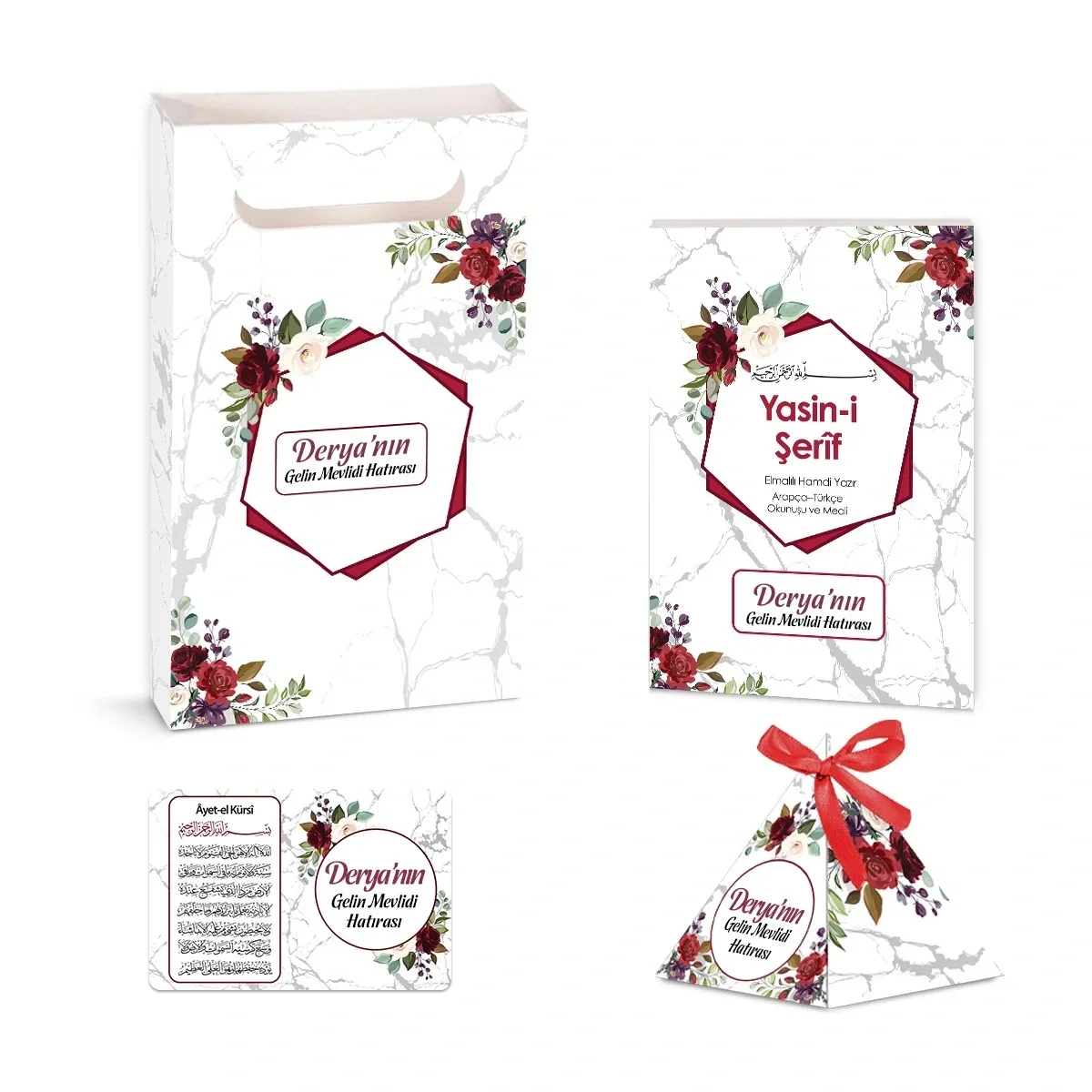 Altıgen Model Kırmızı Renkli Yasin Kitabı, Piramit Külah, Ayet-el Kürsi Magnet, Karton Çanta - Mevlüt Hediyelikleri