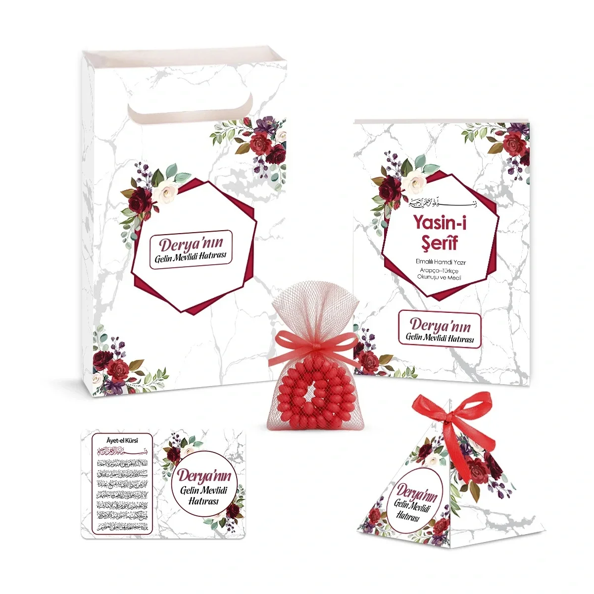 Altıgen Model Kırmızı Renkli Yasin Kitabı, Piramit Külah, Ayet-el Kürsi Magnet, Karton Çanta ve Tesbih - Mevlüt Hediyelikleri