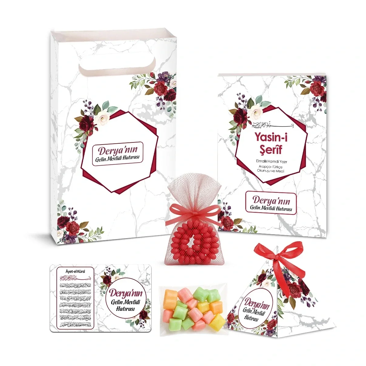 Altıgen Model Kırmızı Renkli Yasin Kitabı, Piramit Külah, Mevlüt Şekeri, Ayet-el Kürsi Magnet, Karton Çanta ve Tesbih - Mevlüt Hediyelikleri