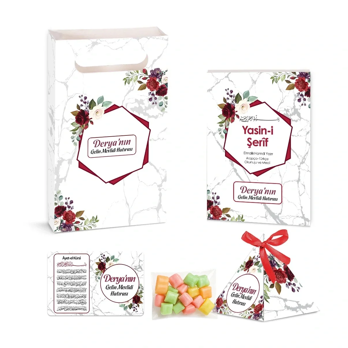 Altıgen Model Kırmızı Renkli Yasin Kitabı, Piramit Külah, Mevlüt Şekeri, Ayet-el Kürsi Magnet, Karton Çanta - Mevlüt Hediyelikleri