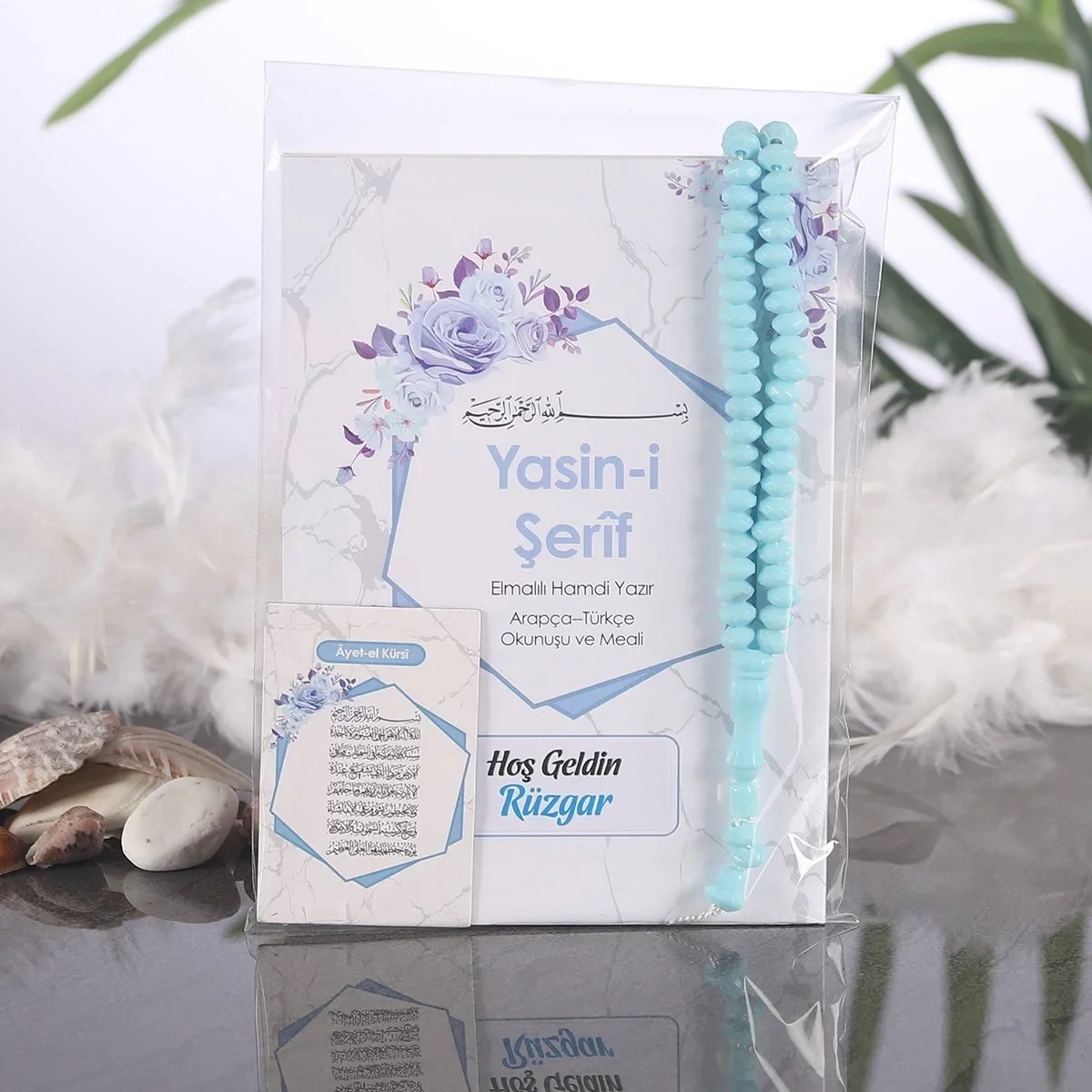Altıgen Model Mavi Renkli Ambalaj İçerisinde Yasin Kitabı, Magnet ve Tesbih - Mevlüt Hediyelikleri