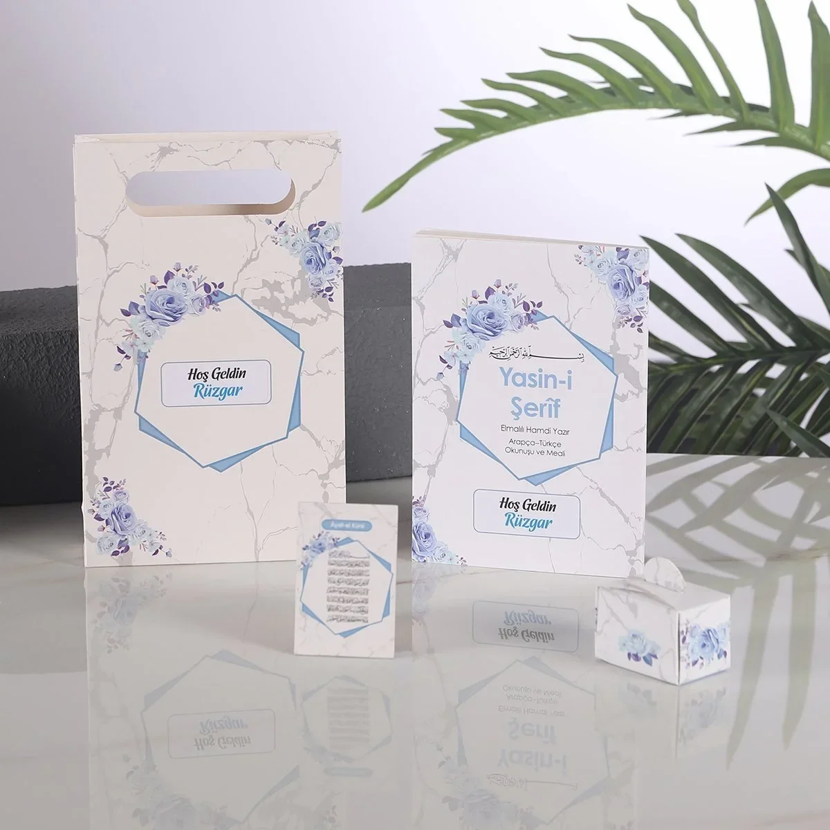 Altıgen Model Mavi Renkli Yasin Kitabı, Lokum Kutusu, Magnet ve Karton Çanta - Mevlüt Hediyelikleri