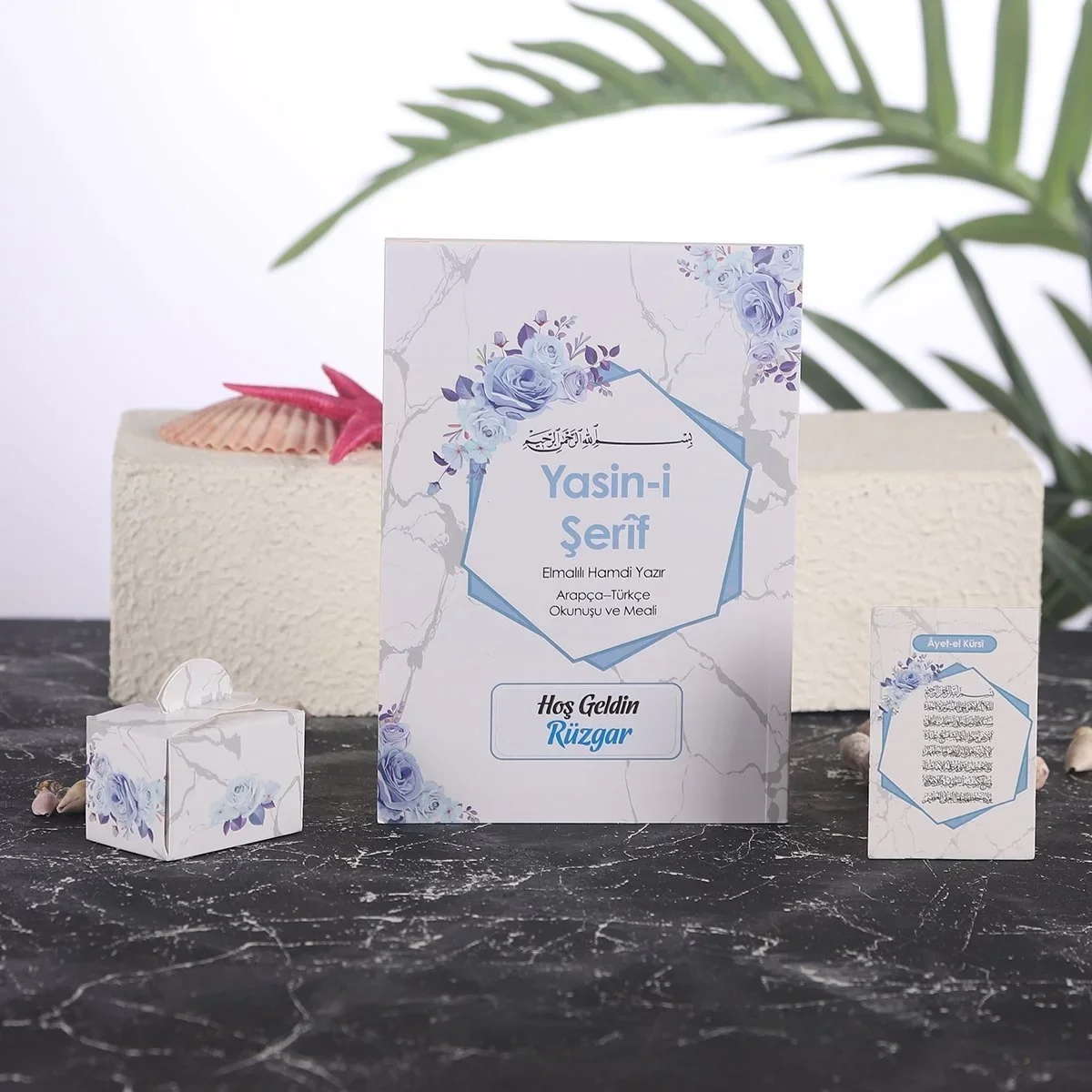 Altıgen Model Mavi Renkli Yasin Kitabı, Lokum Kutusu ve Magnet - Mevlüt Hediyelikleri
