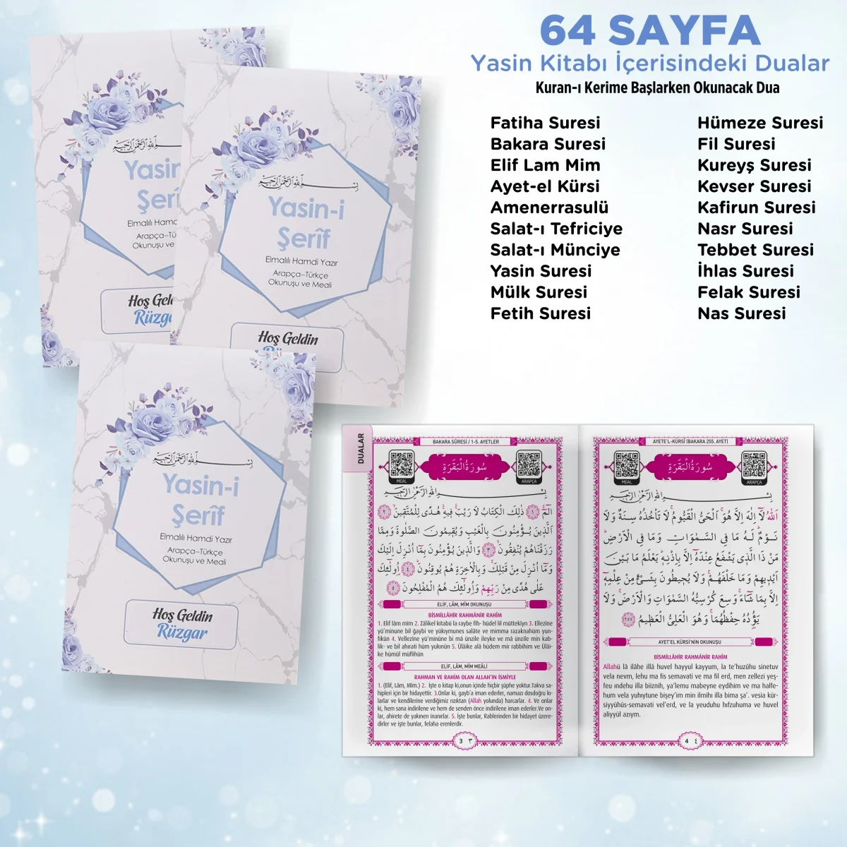 Altıgen Model Mavi Renkli Yasin Kitabı, Piramit Külah, Ayet-el Kürsi Magnet, Karton Çanta - Mevlüt Hediyelikleri