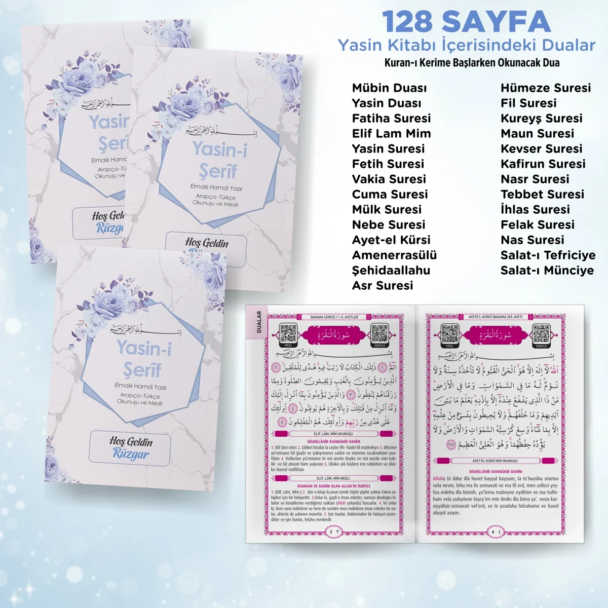 Altıgen Model Mavi Renkli Yasin Kitabı, Piramit Külah, Ayet-el Kürsi Magnet, Karton Çanta - Mevlüt Hediyelikleri