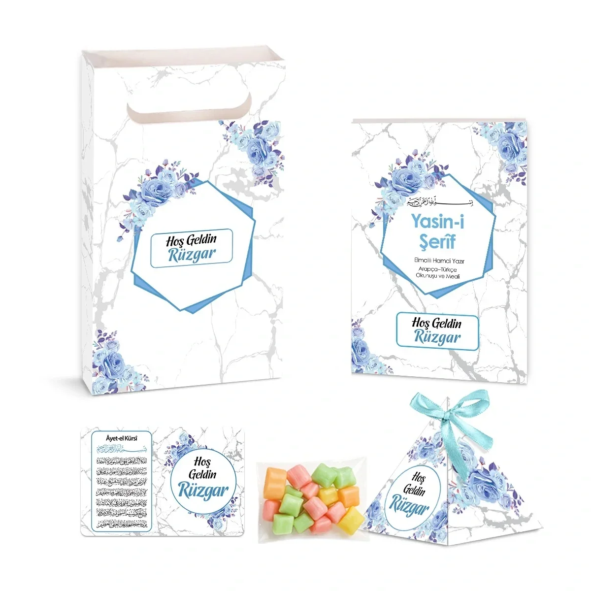 Altıgen Model Mavi Renkli Yasin Kitabı, Piramit Külah, Mevlüt Şekeri, Ayet-el Kürsi Magnet, Karton Çanta - Mevlüt Hediyelikleri