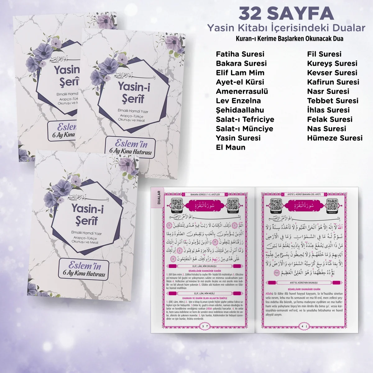 Altıgen Model Mor Renkli Ambalaj İçerisinde Yasin Kitabı, Magnet ve Tesbih - Mevlüt Hediyelikleri
