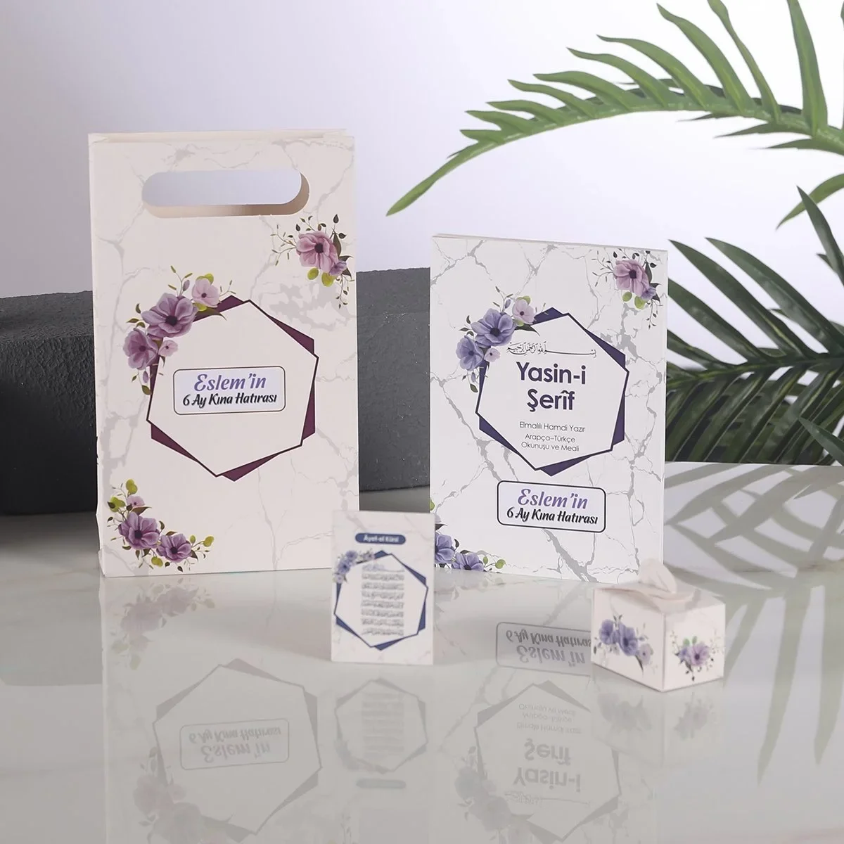 Altıgen Model Mor Renkli Yasin Kitabı, Lokum Kutusu, Magnet ve Karton Çanta - Mevlüt Hediyelikleri