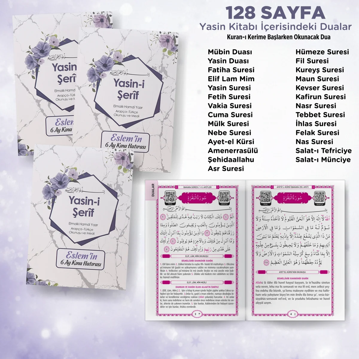 Altıgen Model Mor Renkli Yasin Kitabı, Lokum Kutusu ve Magnet - Mevlüt Hediyelikleri