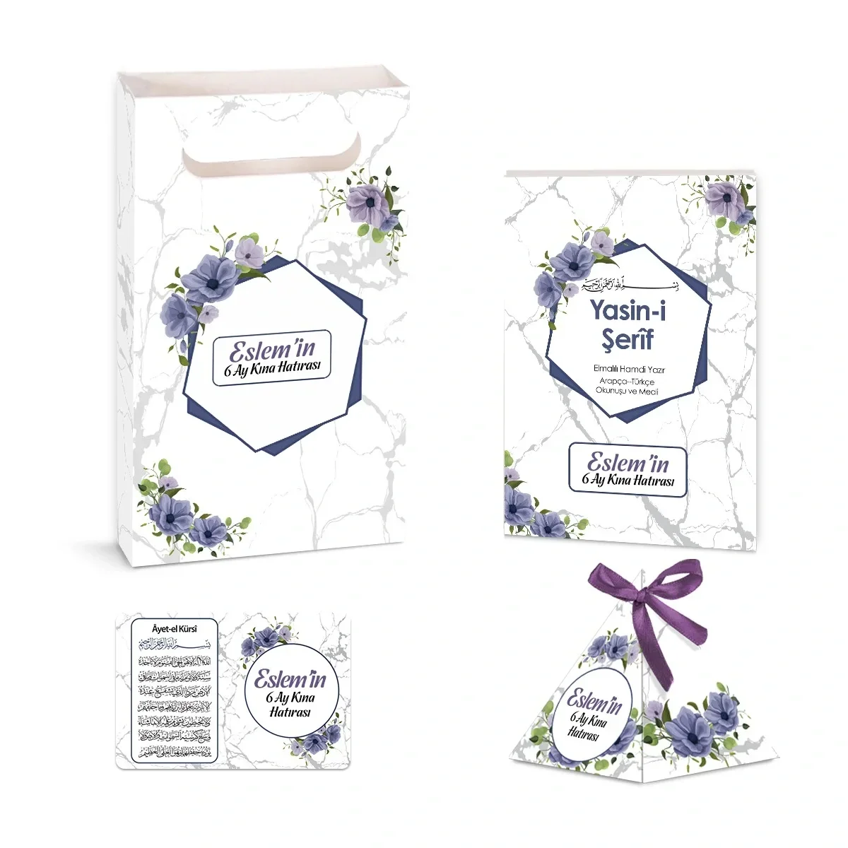 Altıgen Model Mor Renkli Yasin Kitabı, Piramit Külah, Ayet-el Kürsi Magnet, Karton Çanta - Mevlüt Hediyelikleri