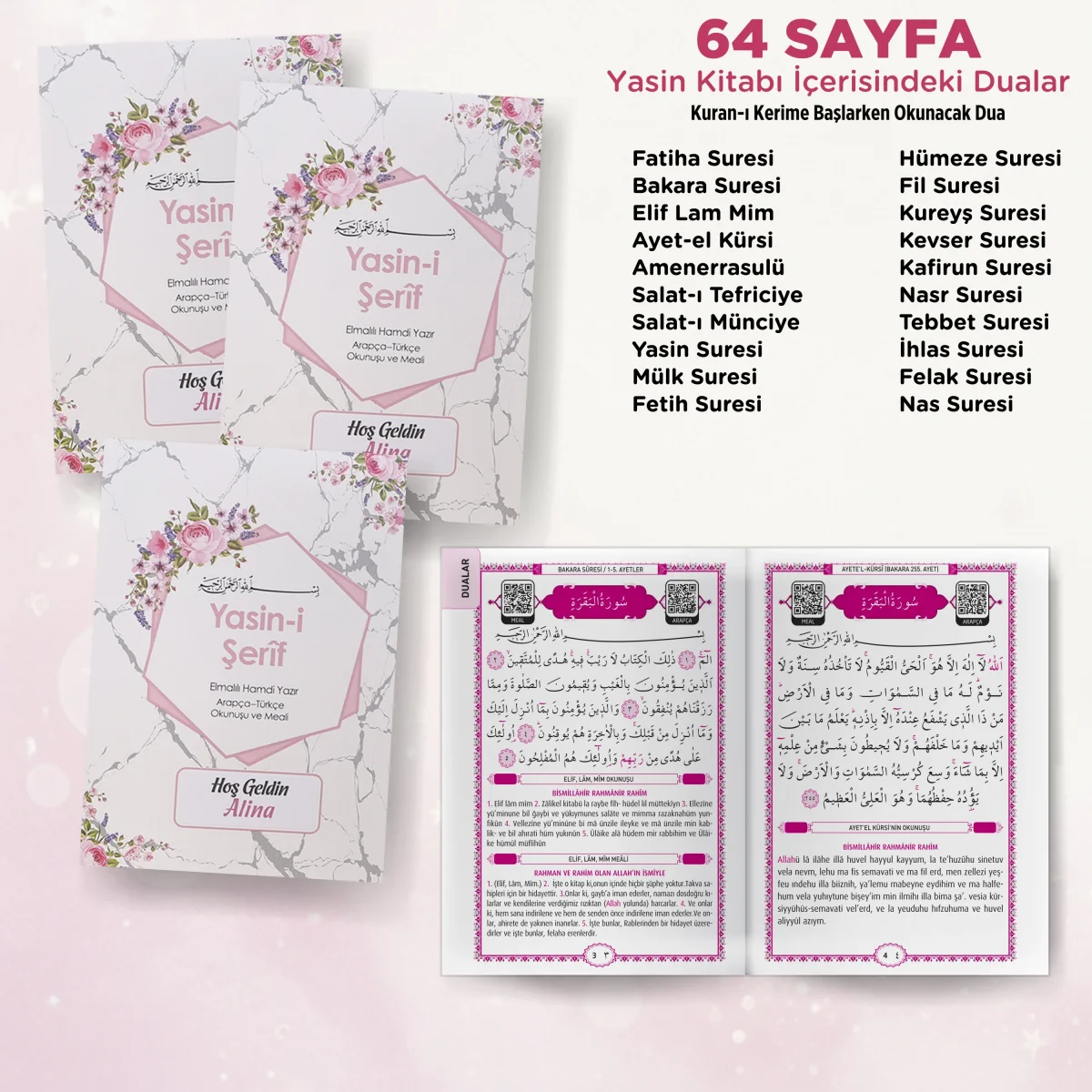 Altıgen Model Pembe Renkli Yasin Kitabı, Lokum Kutusu, Magnet ve Karton Çanta - Mevlüt Hediyelikleri