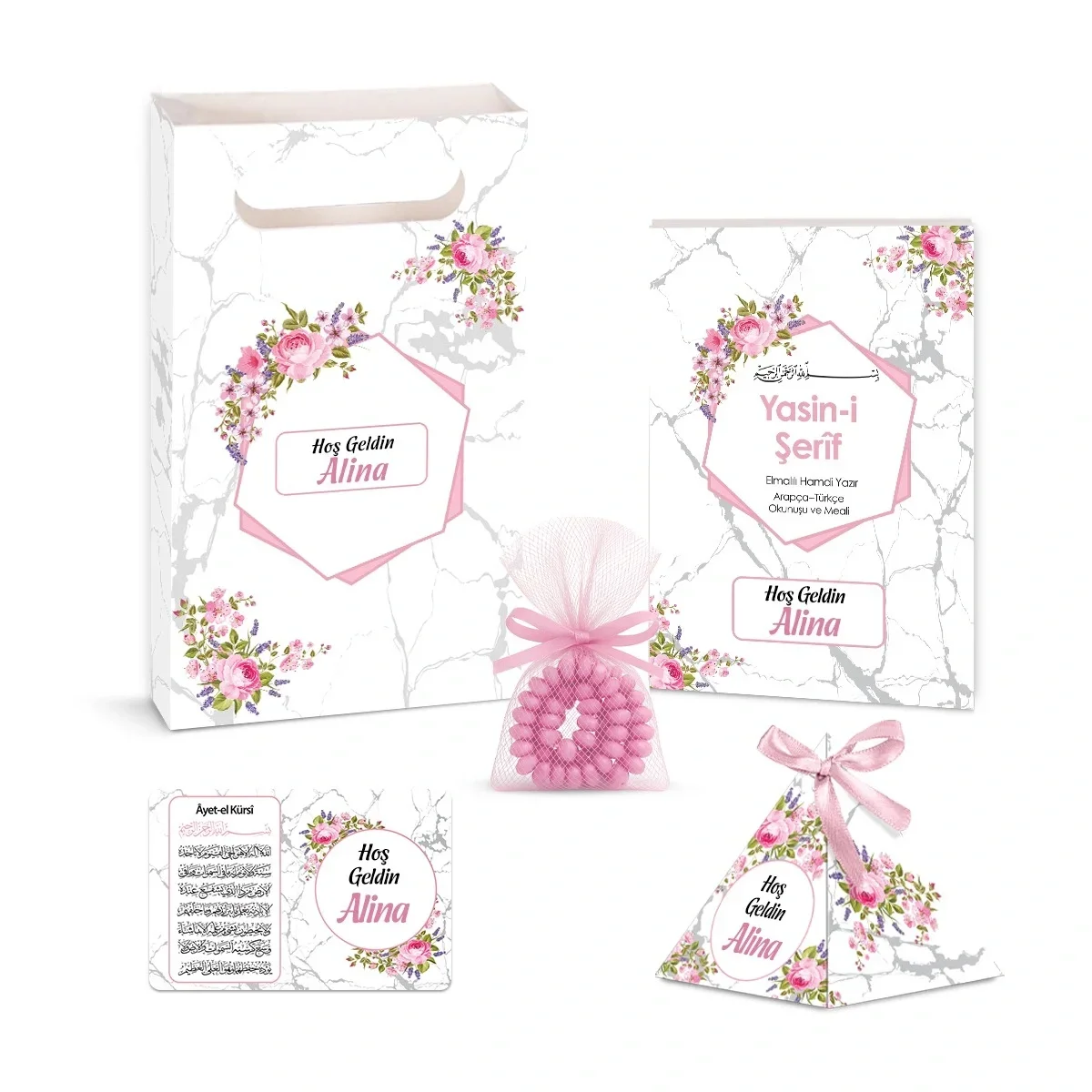 Altıgen Model Pembe Renkli Yasin Kitabı, Piramit Külah, Ayet-el Kürsi Magnet, Karton Çanta ve Tesbih - Mevlüt Hediyelikleri