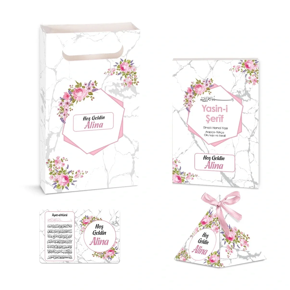 Altıgen Model Pembe Renkli Yasin Kitabı, Piramit Külah, Ayet-el Kürsi Magnet, Karton Çanta - Mevlüt Hediyelikleri