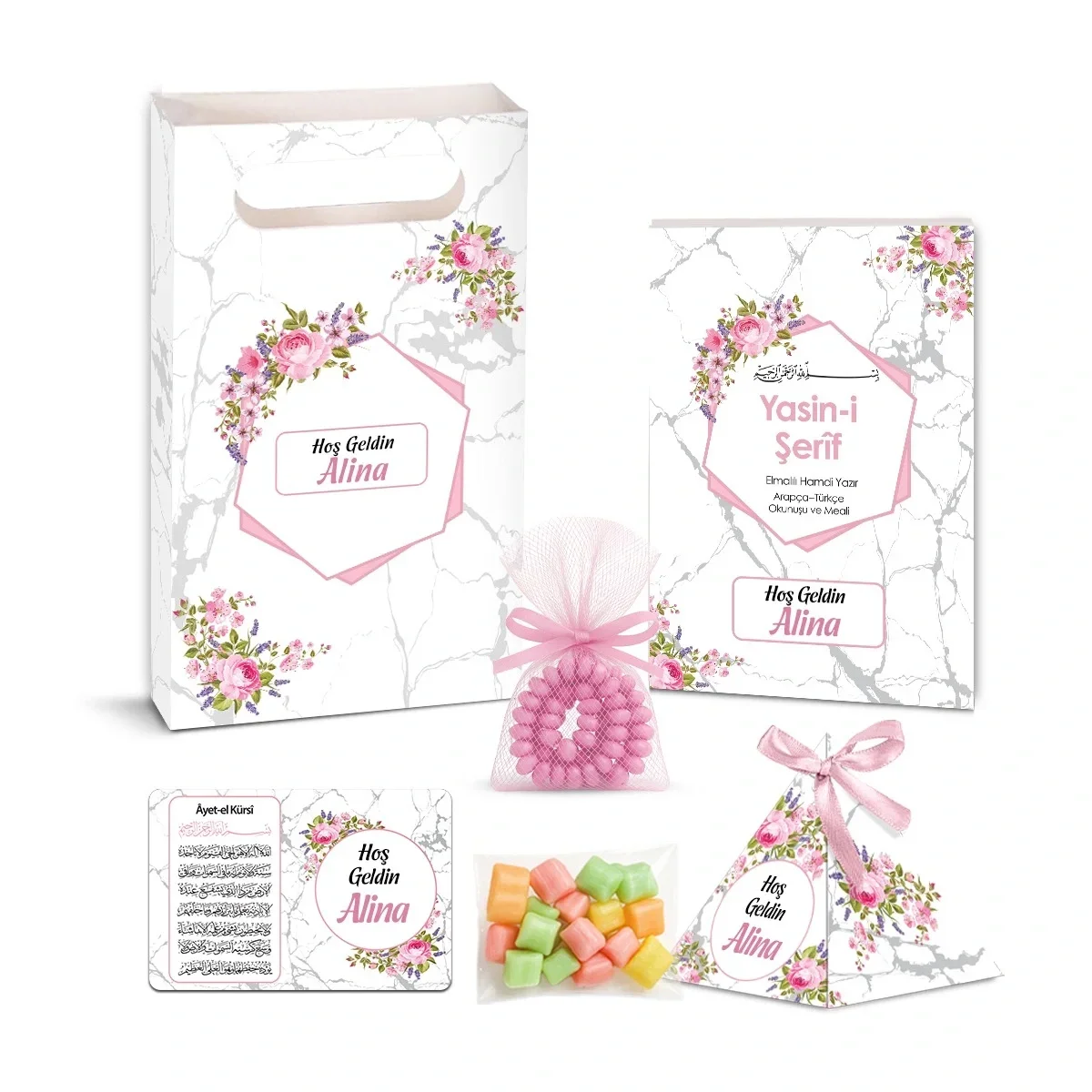 Altıgen Model Pembe Renkli Yasin Kitabı, Piramit Külah, Mevlüt Şekeri, Ayet-el Kürsi Magnet, Karton Çanta ve Tesbih - Mevlüt Hediyelikleri