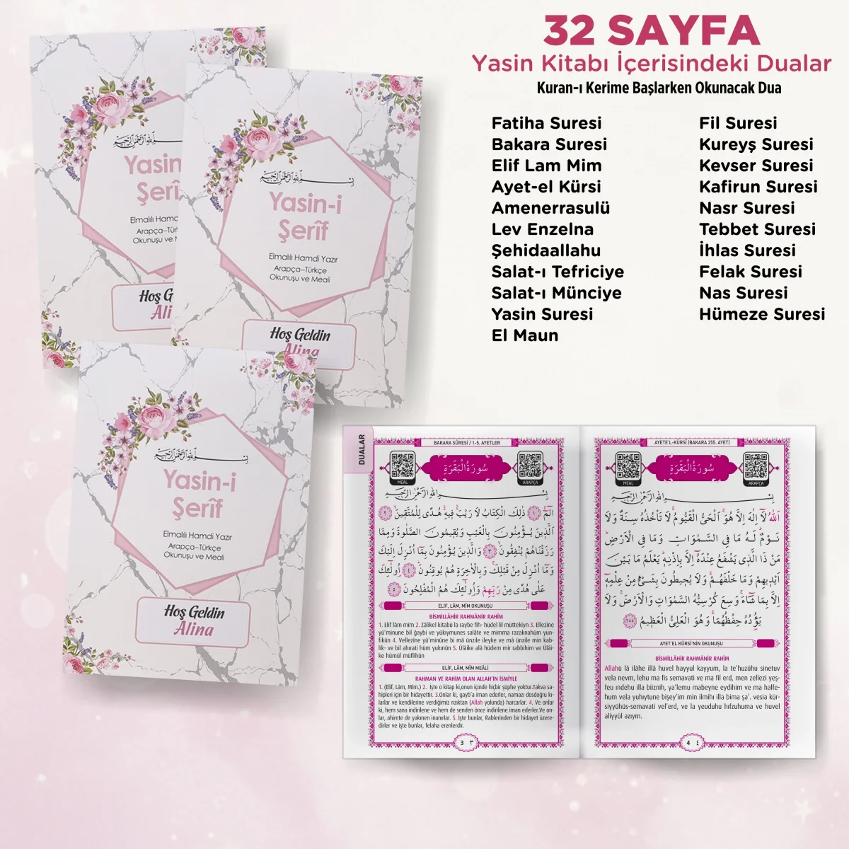 Altıgen Model Pembe Renkli Yasin Kitabı, Piramit Külah, Mevlüt Şekeri, Ayet-el Kürsi Magnet, Karton Çanta ve Tesbih - Mevlüt Hediyelikleri