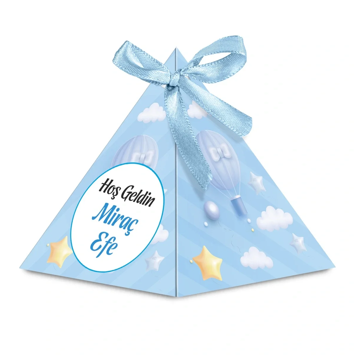 Balon Model Mavi Renkli Mevlüt Şekeri İçin İsme Özel Piramit Külah