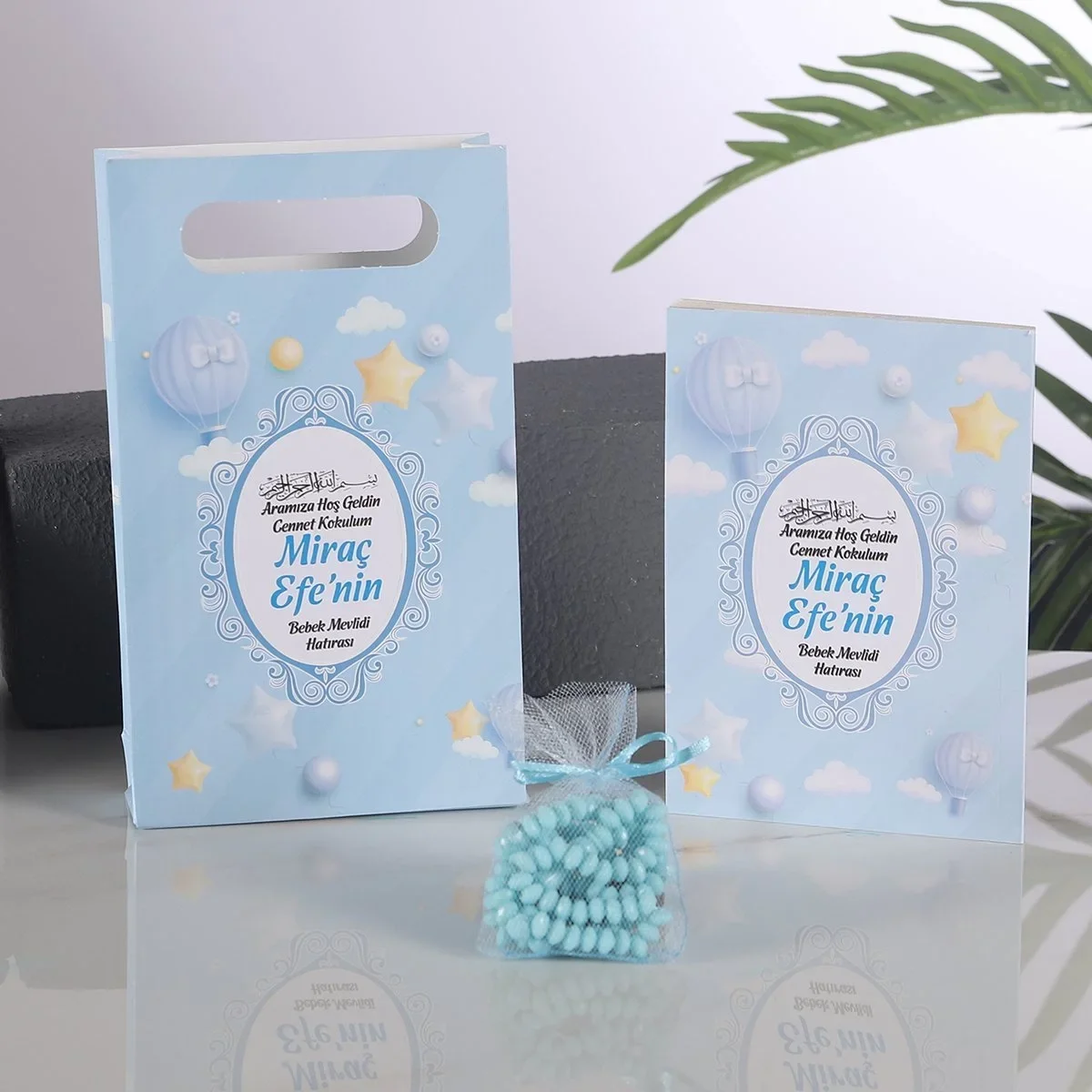 Balon Model Mavi Renkli Yasin Kitabı, Karton Çanta ve Tesbih - Mevlüt Hediyelikleri