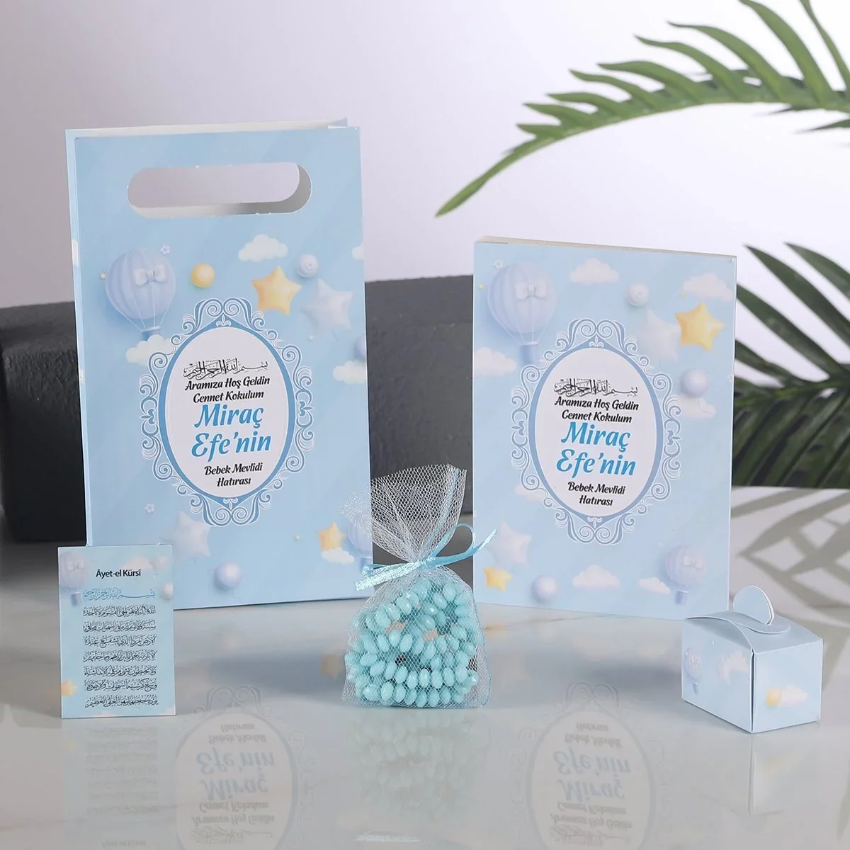 Balon Model Mavi Renkli Yasin Kitabı, Lokum Kutusu, Magnet, Karton Çanta ve Tesbih - Mevlüt Hediyelikleri