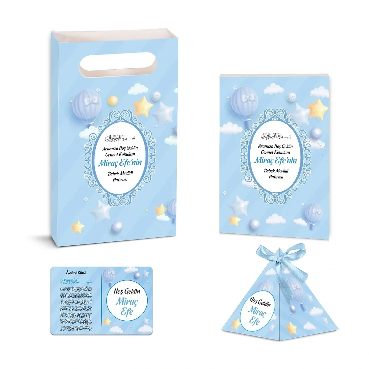 Balon Model Mavi Renkli Yasin Kitabı, Piramit Külah, Ayet-el Kürsi Magnet, Karton Çanta - Mevlüt Hediyelikleri