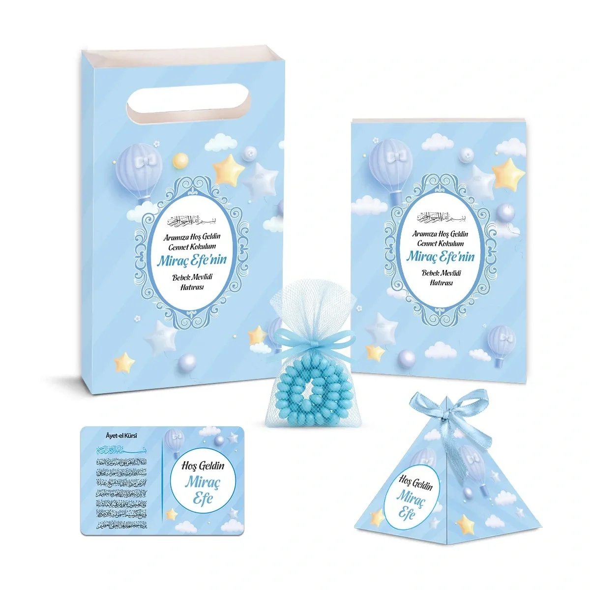 Balon Model Mavi Renkli Yasin Kitabı, Piramit Külah, Ayet-el Kürsi Magnet, Karton Çanta ve Tesbih - Mevlüt Hediyelikleri