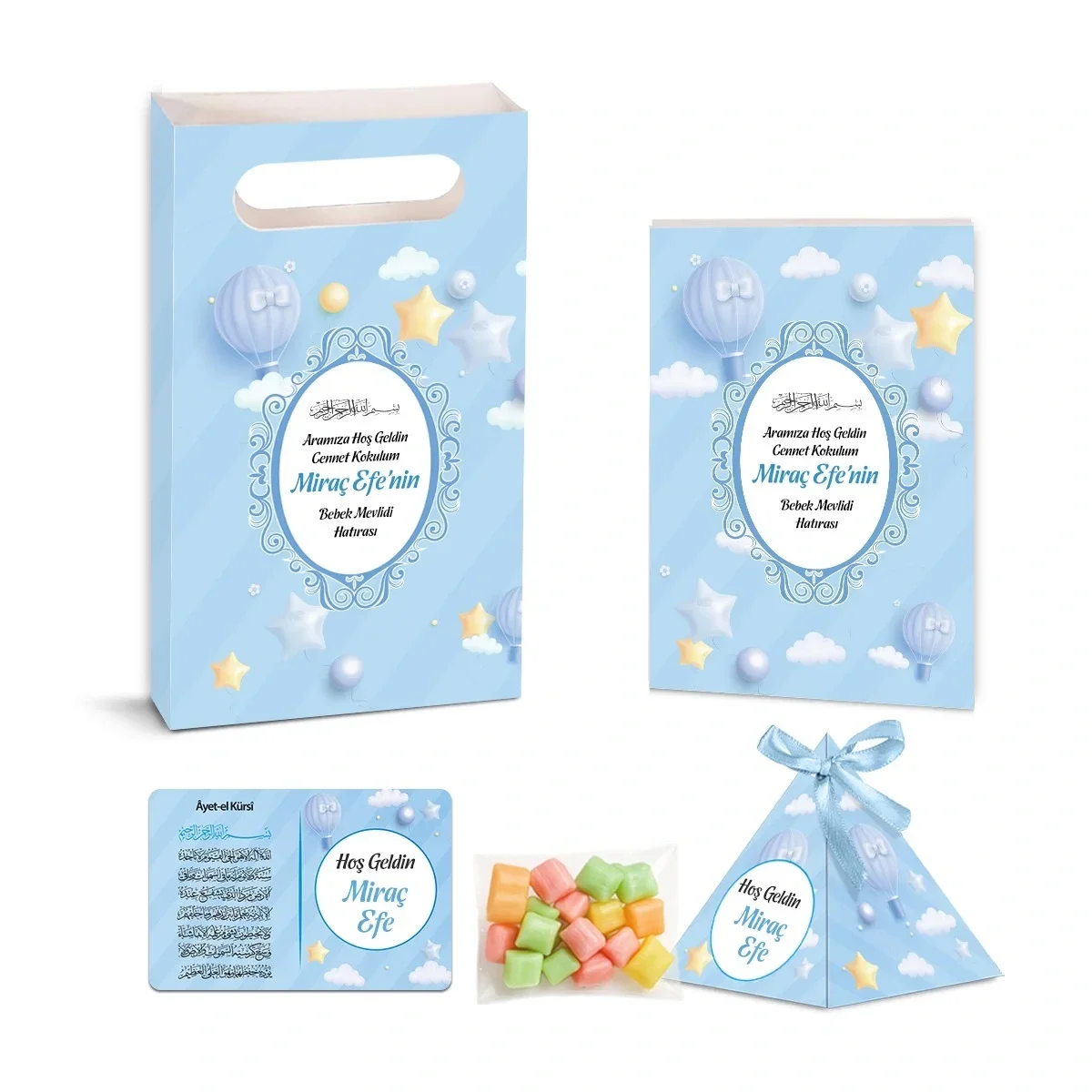 Balon Model Mavi Renkli Yasin Kitabı, Piramit Külah, Mevlüt Şekeri, Ayet-el Kürsi Magnet, Karton Çanta - Mevlüt Hediyelikleri