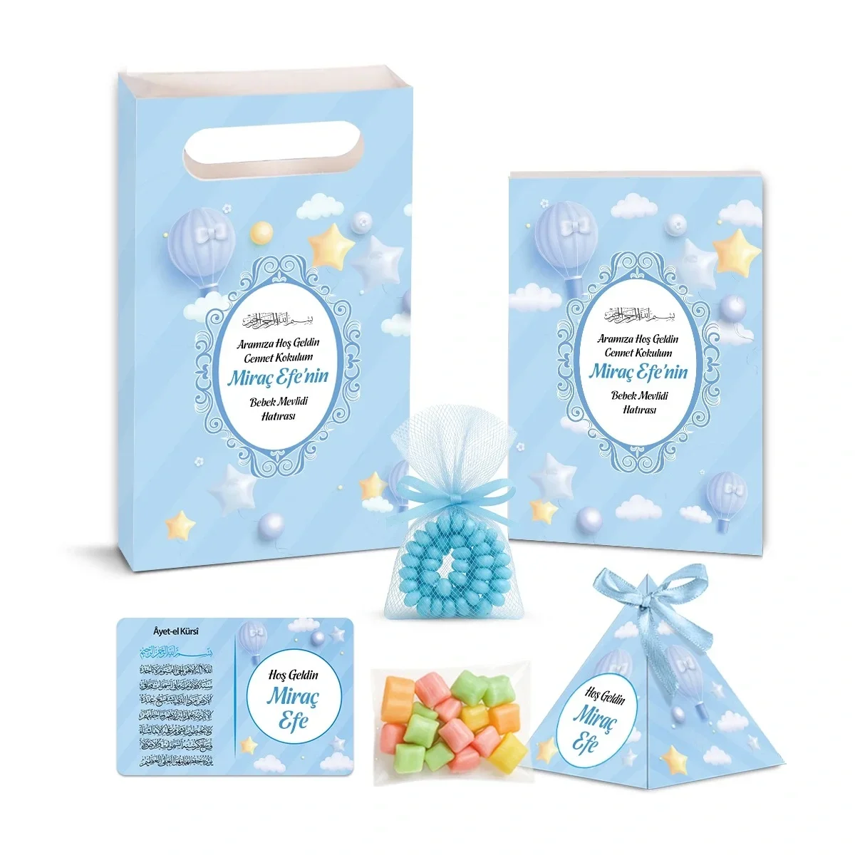 Balon Model Mavi Renkli Yasin Kitabı, Piramit Külah, Mevlüt Şekeri, Ayet-el Kürsi Magnet, Karton Çanta ve Tesbih - Mevlüt Hediyelikleri