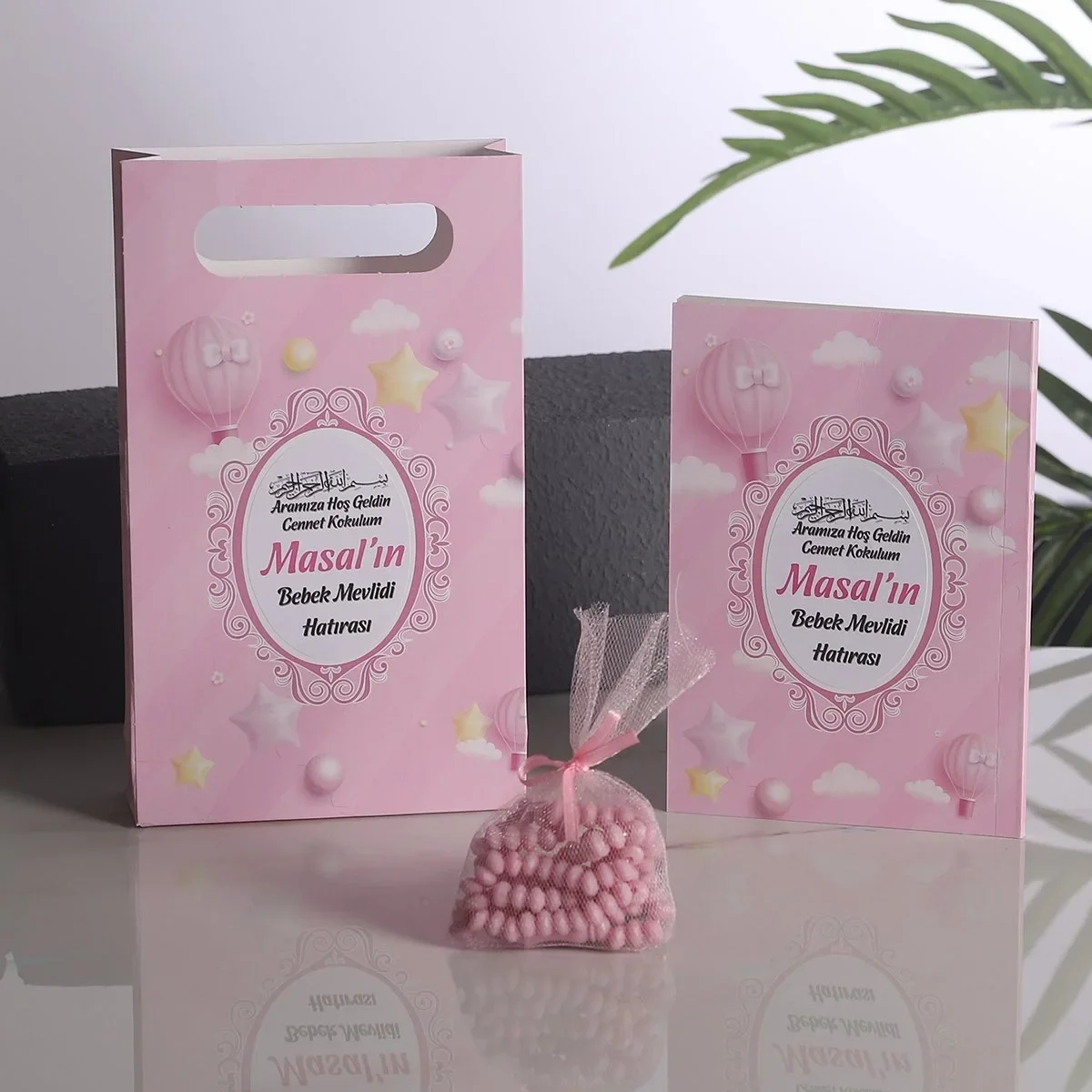 Balon Model Pembe Renkli Yasin Kitabı, Karton Çanta ve Tesbih - Mevlüt Hediyelikleri