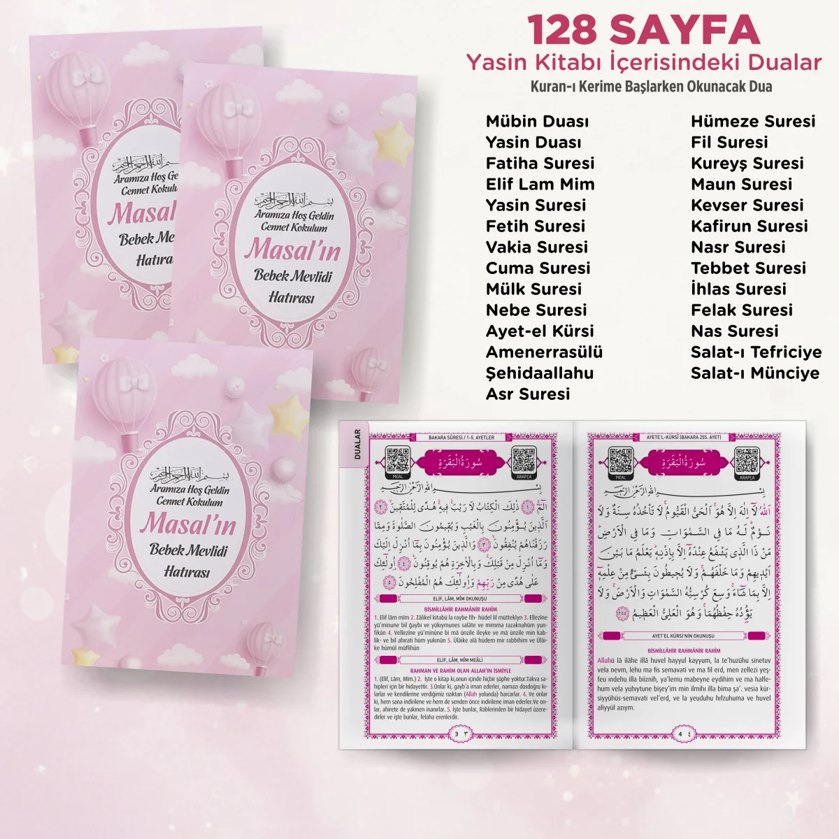 Balon Model Pembe Renkli Yasin Kitabı, Karton Çanta ve Tesbih - Mevlüt Hediyelikleri