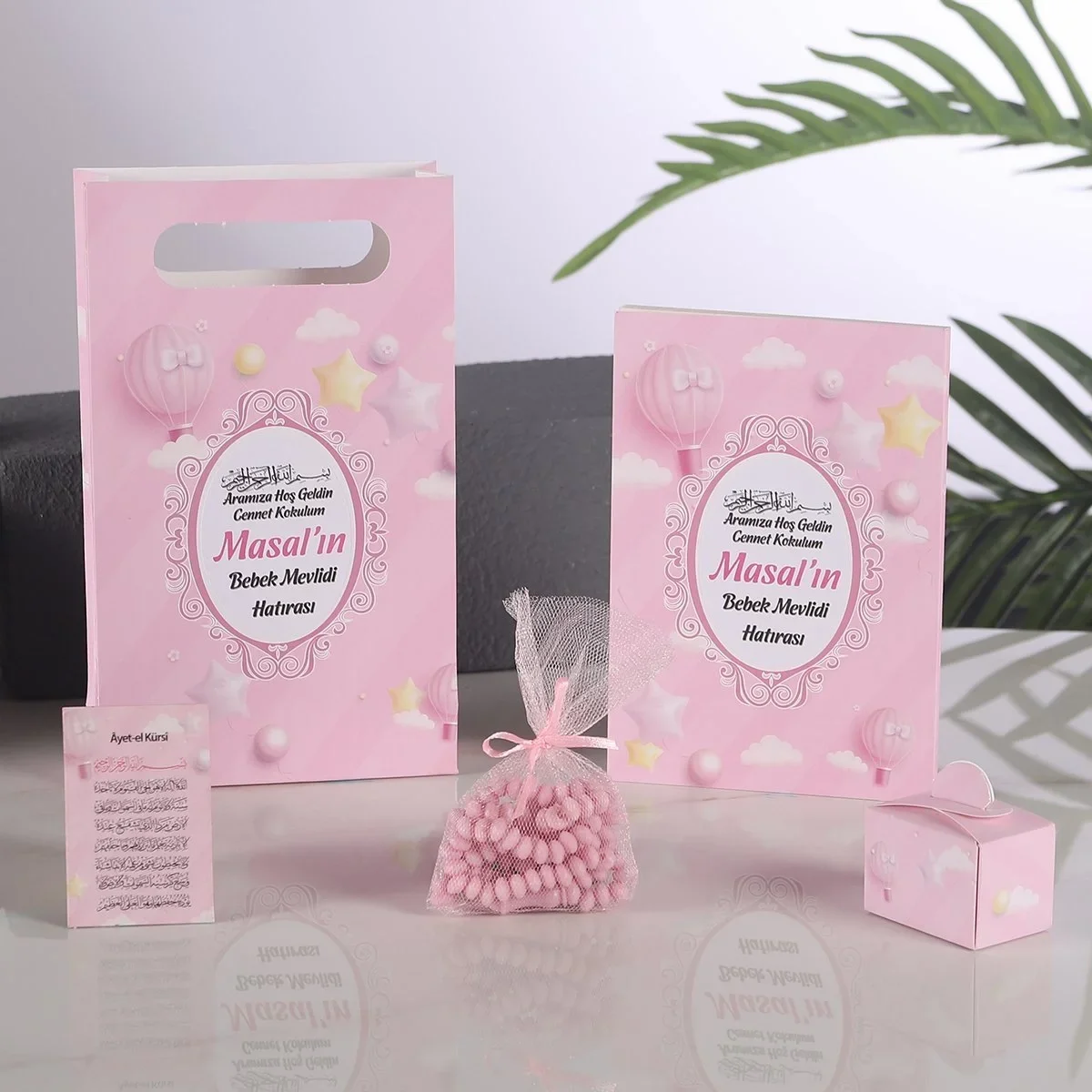 Balon Model Pembe Renkli Yasin Kitabı, Lokum Kutusu, Magnet, Karton Çanta ve Tesbih - Mevlüt Hediyelikleri
