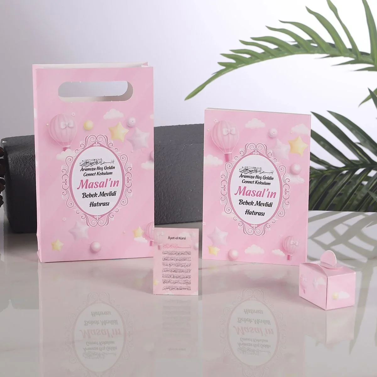Balon Model Pembe Renkli Yasin Kitabı, Lokum Kutusu, Magnet ve Karton Çanta - Mevlüt Hediyelikleri