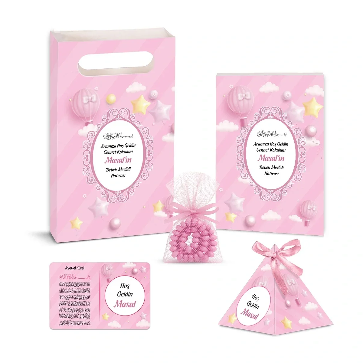 Balon Model Pembe Renkli Yasin Kitabı, Piramit Külah, Ayet-el Kürsi Magnet, Karton Çanta ve Tesbih - Mevlüt Hediyelikleri