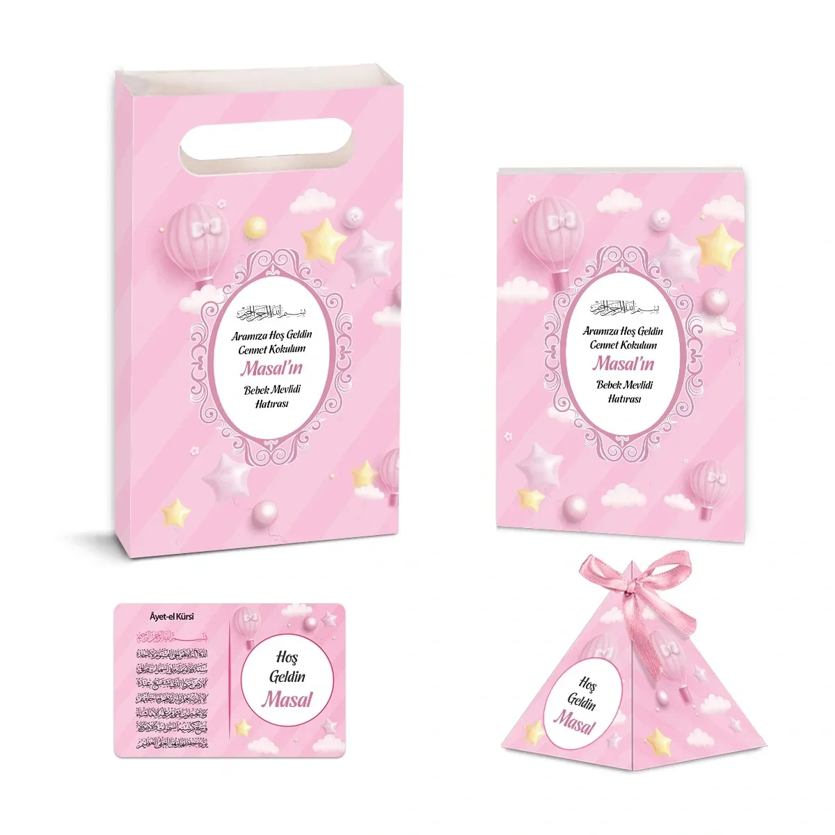 Balon Model Pembe Renkli Yasin Kitabı, Piramit Külah, Ayet-el Kürsi Magnet, Karton Çanta - Mevlüt Hediyelikleri