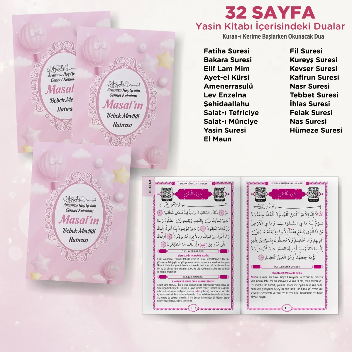Balon Model Pembe Renkli Yasin Kitabı, Piramit Külah, Ayet-el Kürsi Magnet, Karton Çanta ve Tesbih - Mevlüt Hediyelikleri