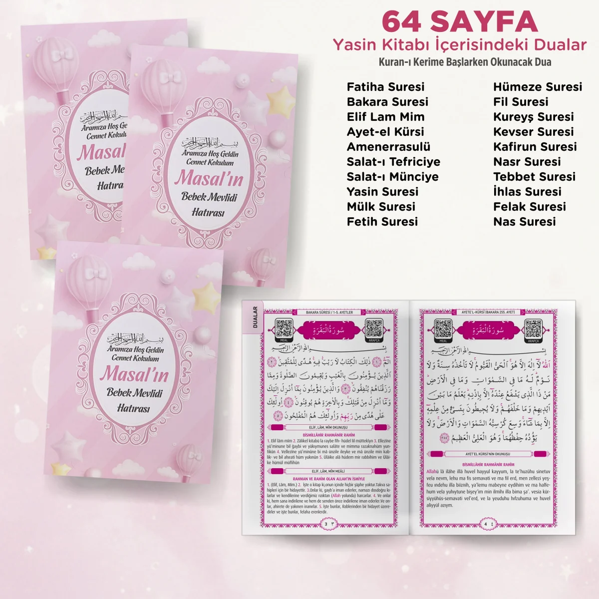 Balon Model Pembe Renkli Yasin Kitabı, Piramit Külah, Ayet-el Kürsi Magnet, Karton Çanta - Mevlüt Hediyelikleri