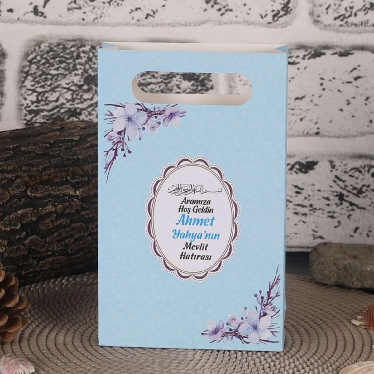 Çiçek Model Mavi Renkli Mevlüt İçin Karton Çanta