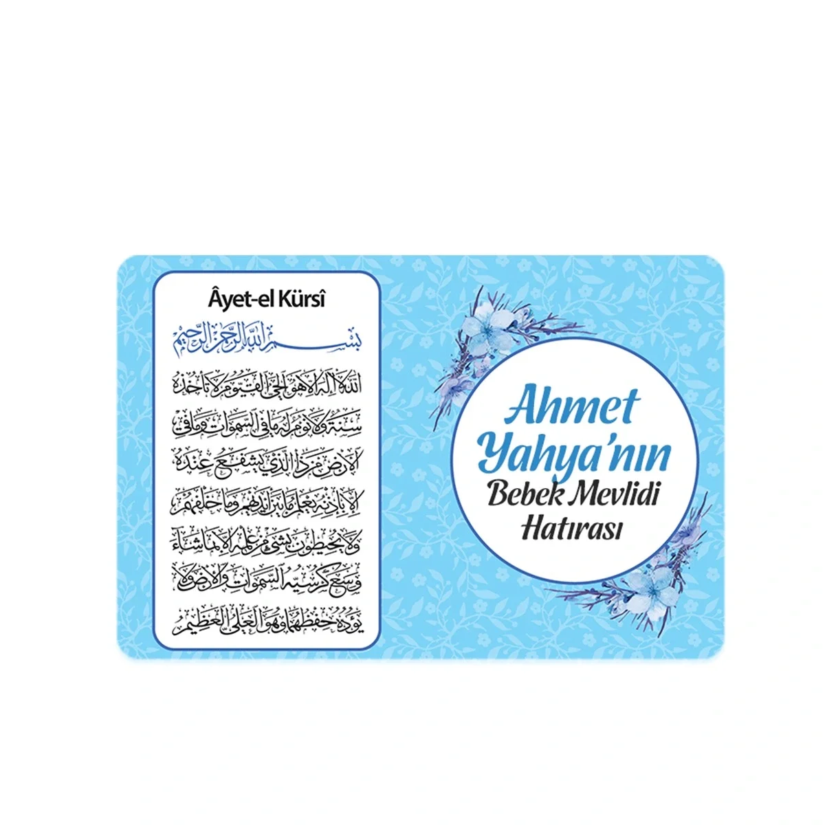 Çiçek Model Mavi Renkli Mevlüt İçin İsme Özel Ayet-el Kürsi Magnet