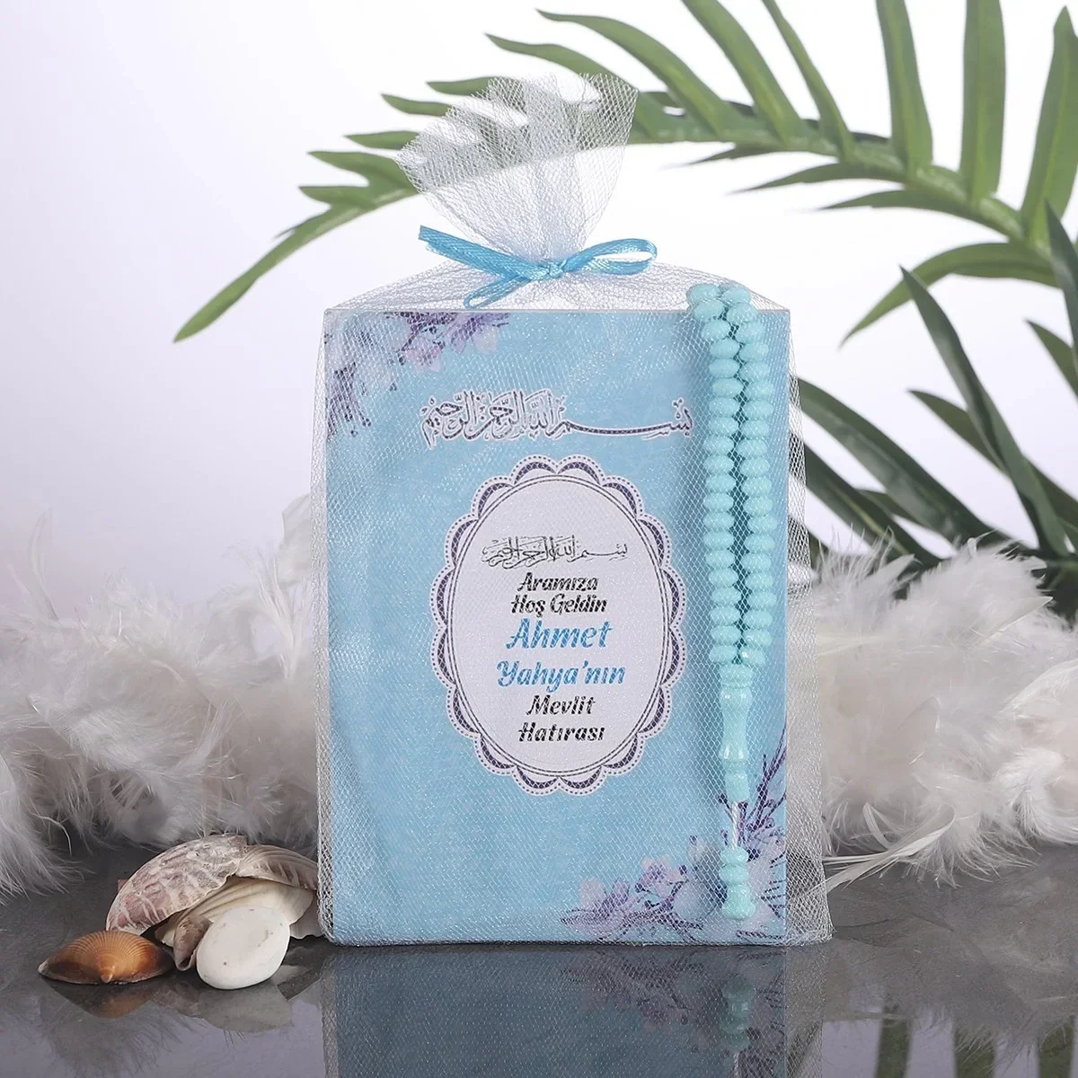 Çiçek Model Mavi Renkli Tül Kese İçerisinde Yasin Kitabı ve Tesbih - Mevlüt Hediyelikleri