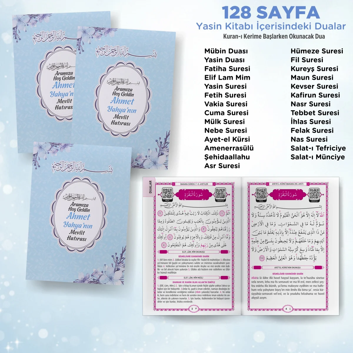 Çiçek Model Mavi Renkli Tül Kese İçerisinde Yasin Kitabı ve Tesbih - Mevlüt Hediyelikleri