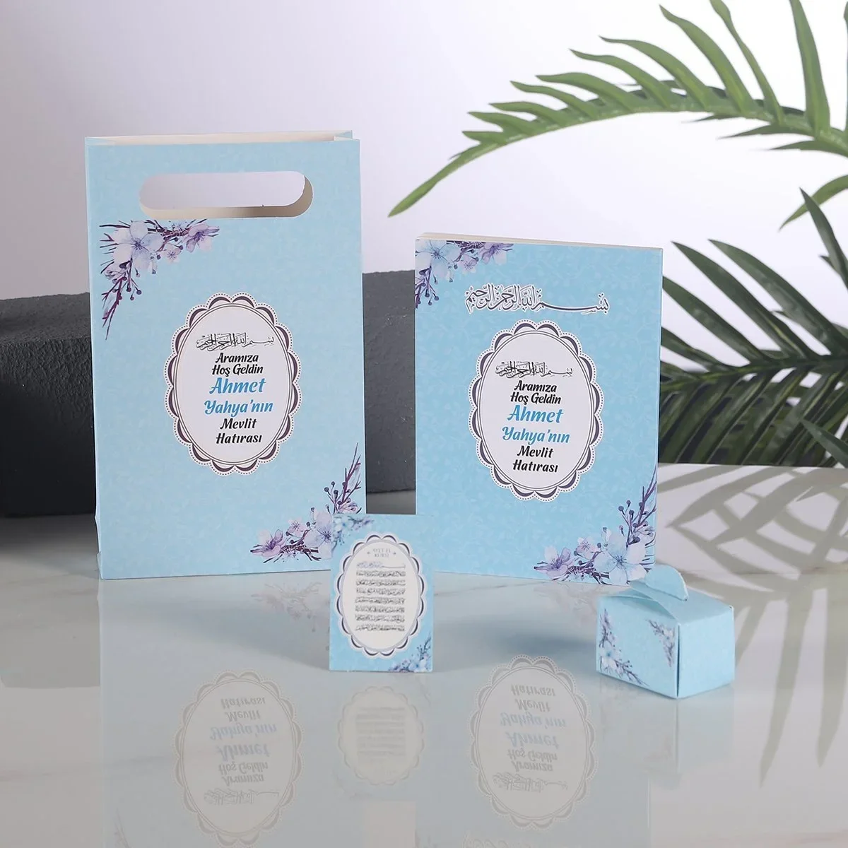 Çiçek Model Mavi Renkli Yasin Kitabı, Lokum Kutusu, Magnet ve Karton Çanta - Mevlüt Hediyelikleri