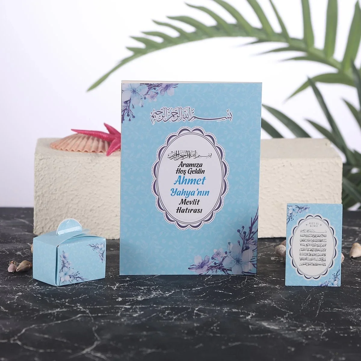 Çiçek Model Mavi Renkli Yasin Kitabı, Lokum Kutusu ve Magnet - Mevlüt Hediyelikleri
