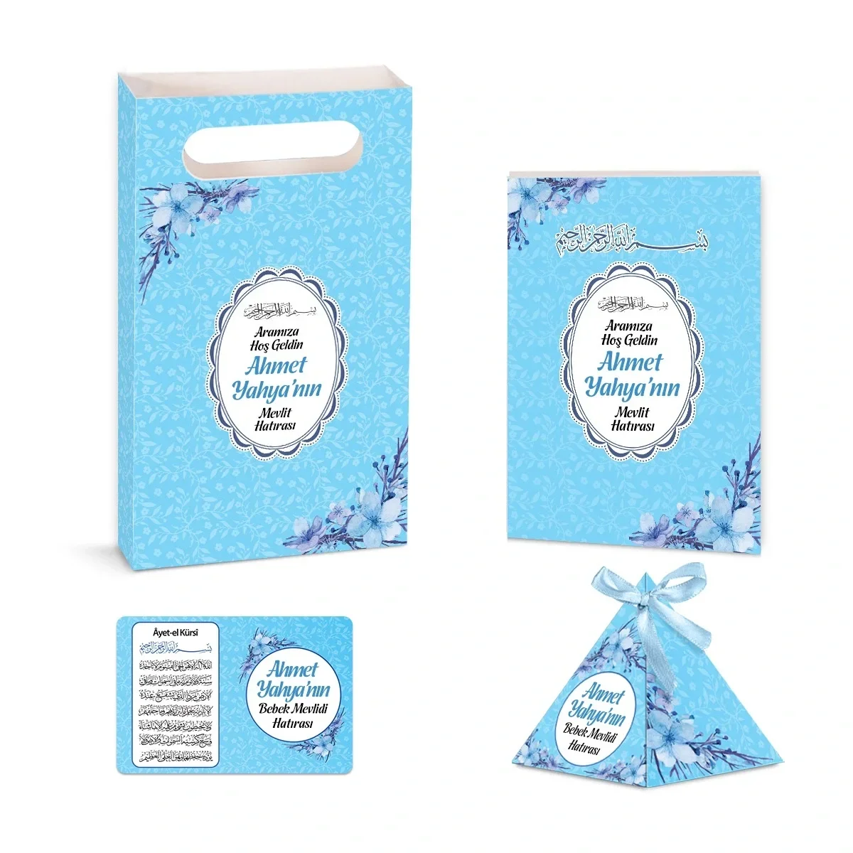 Çiçek Model Mavi Renkli Yasin Kitabı, Piramit Külah, Ayet-el Kürsi Magnet, Karton Çanta - Mevlüt Hediyelikleri