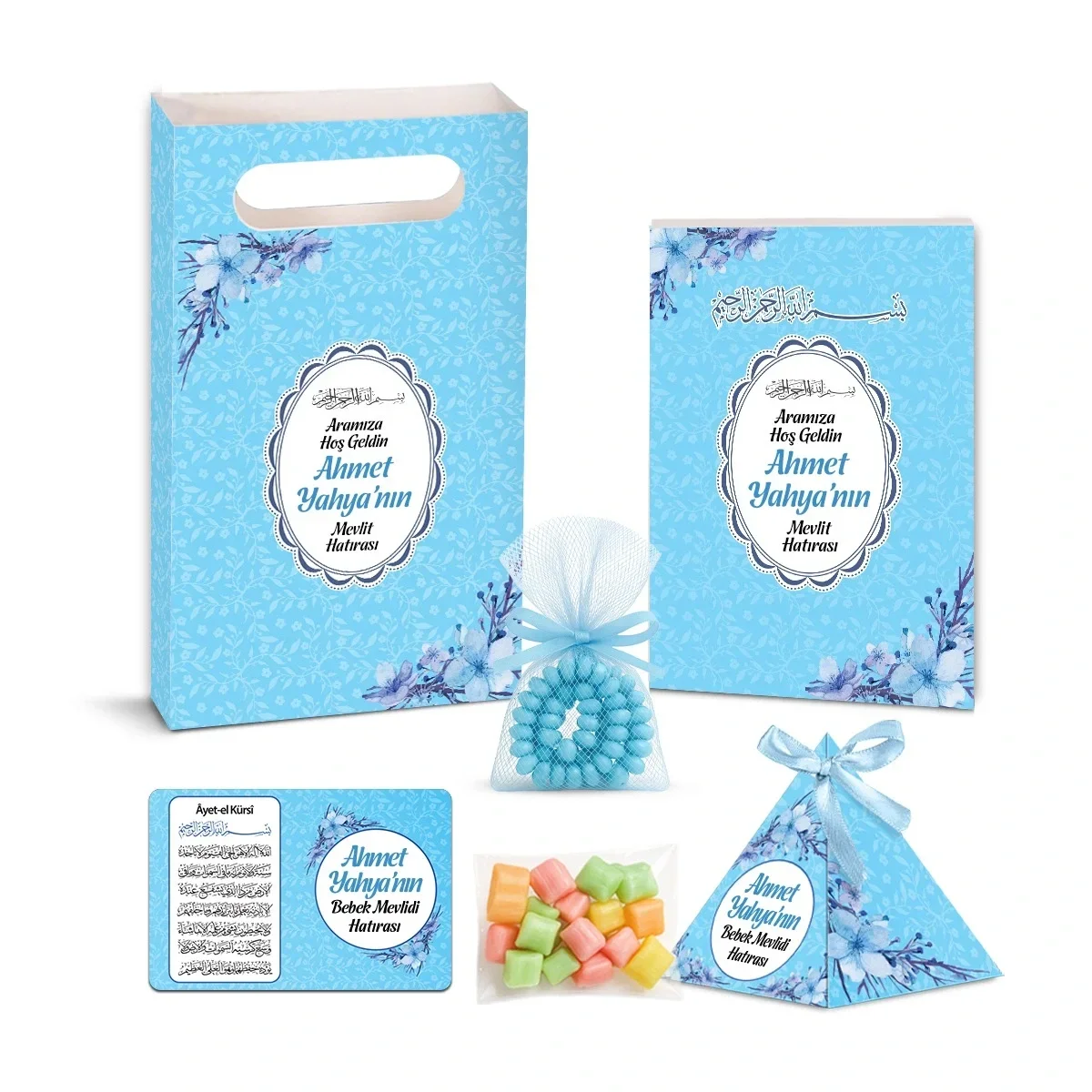 Çiçek Model Mavi Renkli Yasin Kitabı, Piramit Külah, Mevlüt Şekeri, Ayet-el Kürsi Magnet, Karton Çanta ve Tesbih - Mevlüt Hediyelikleri