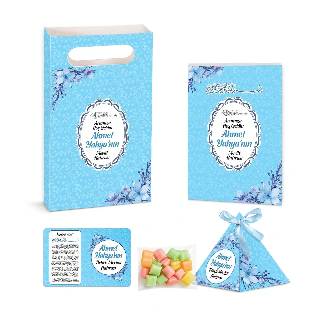 Çiçek Model Mavi Renkli Yasin Kitabı, Piramit Külah, Mevlüt Şekeri, Ayet-el Kürsi Magnet, Karton Çanta - Mevlüt Hediyelikleri