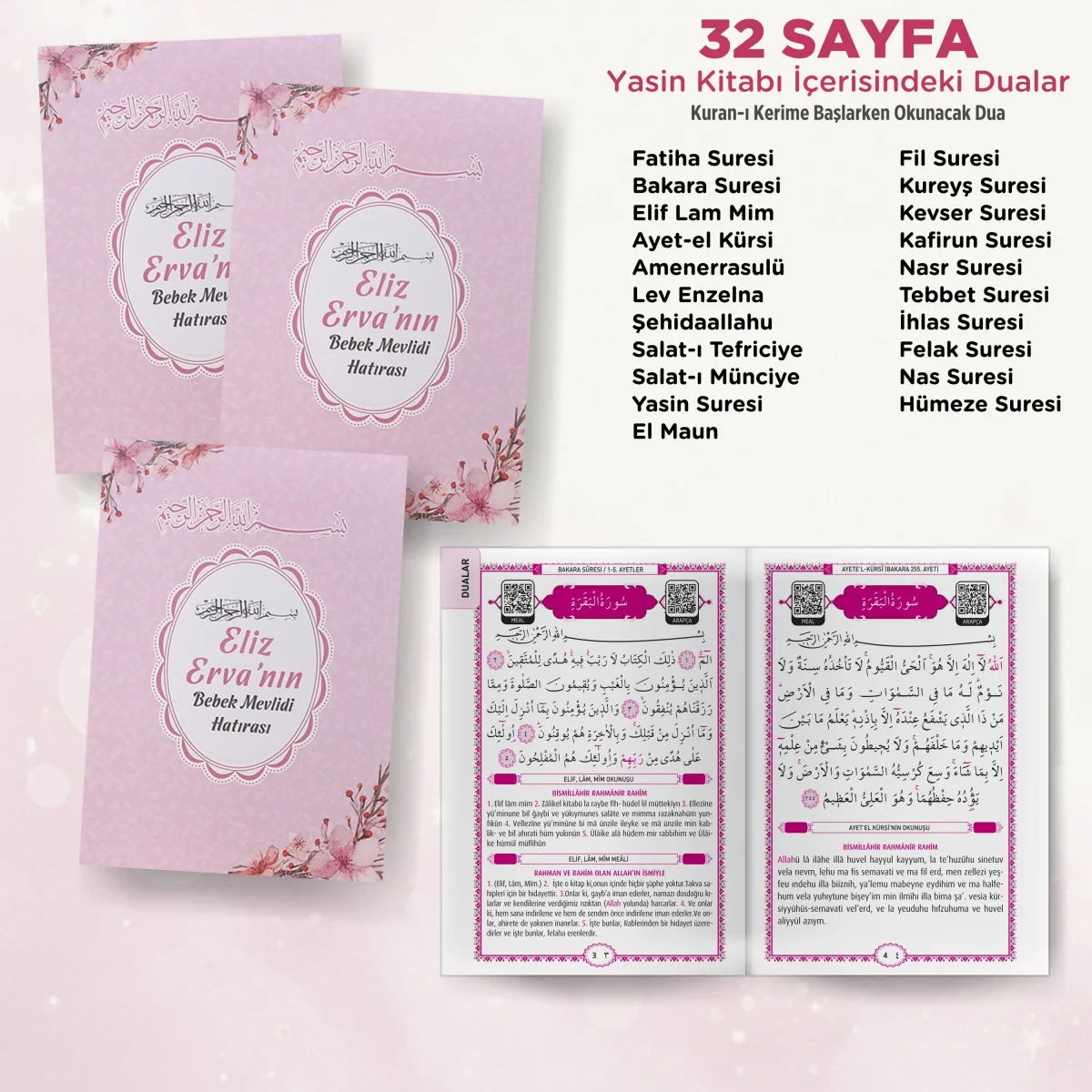 Çiçek Model Pembe Renkli Tül Kese İçerisinde Yasin Kitabı ve Tesbih - Mevlüt Hediyelikleri