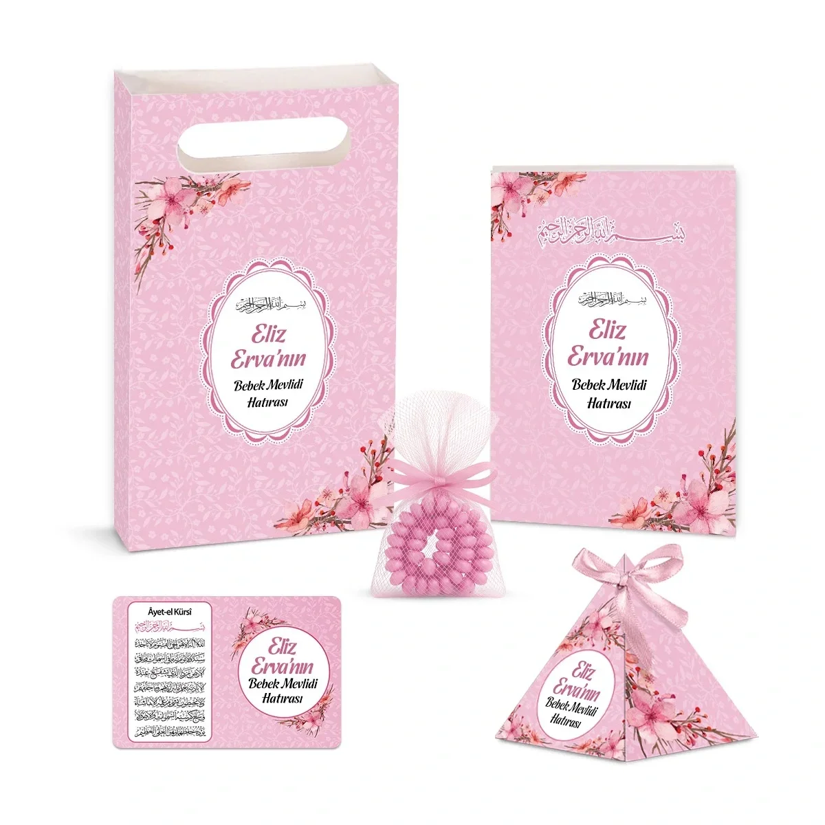 Çiçek Model Pembe Renkli Yasin Kitabı, Piramit Külah, Ayet-el Kürsi Magnet, Karton Çanta ve Tesbih - Mevlüt Hediyelikleri
