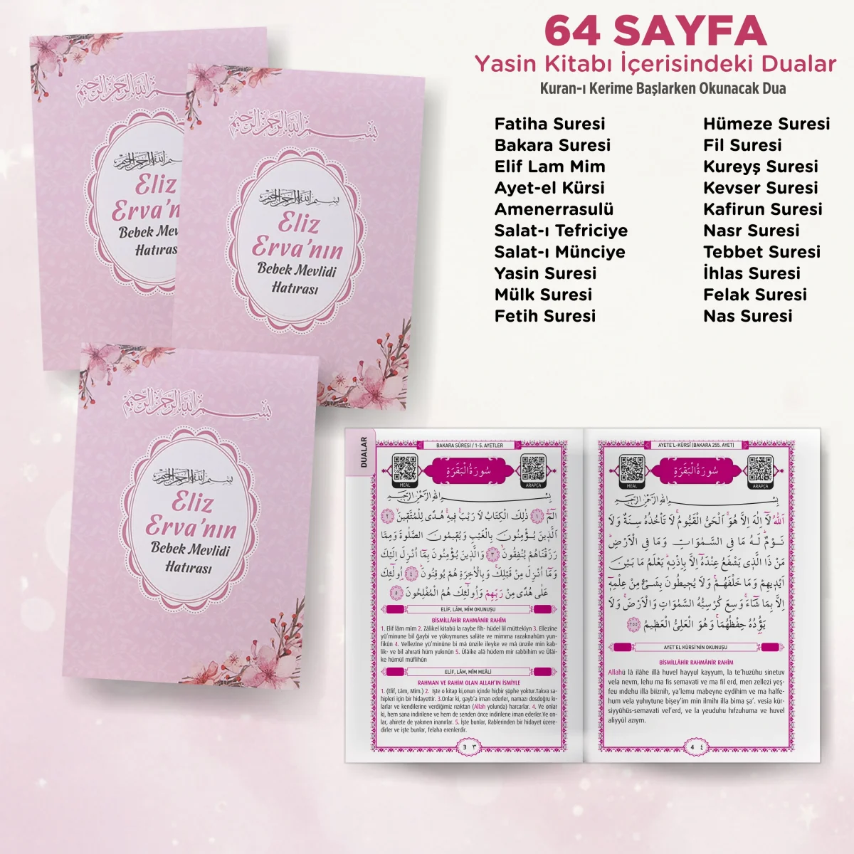 Çiçek Model Pembe Renkli Yasin Kitabı, Piramit Külah, Ayet-el Kürsi Magnet, Karton Çanta ve Tesbih - Mevlüt Hediyelikleri