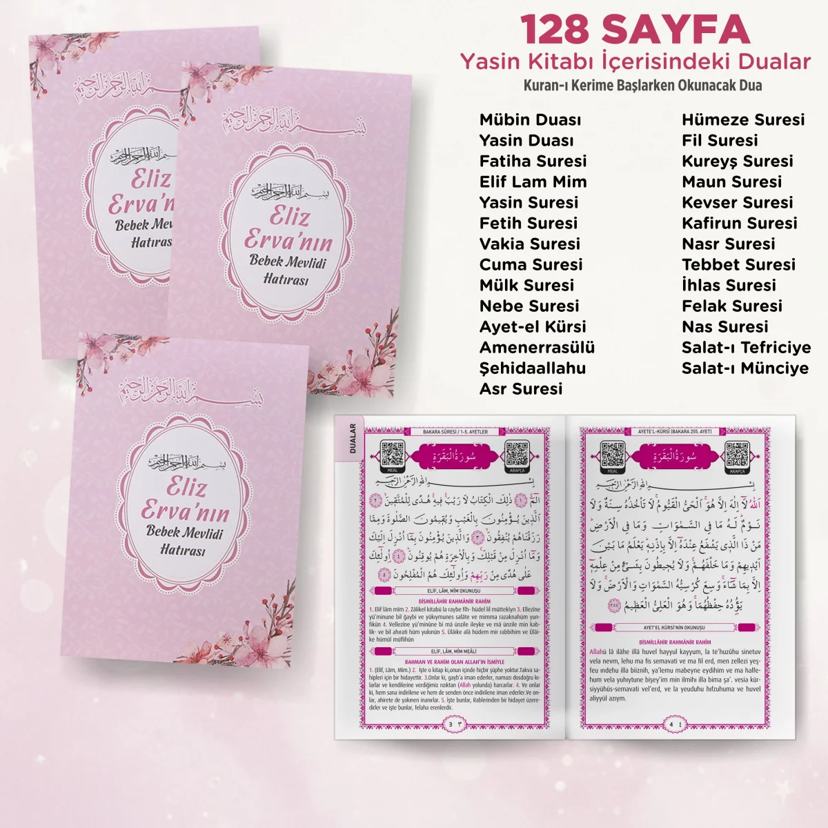 Çiçek Model Pembe Renkli Yasin Kitabı, Piramit Külah, Ayet-el Kürsi Magnet, Karton Çanta - Mevlüt Hediyelikleri