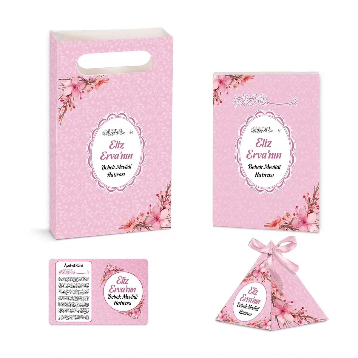 Çiçek Model Pembe Renkli Yasin Kitabı, Piramit Külah, Ayet-el Kürsi Magnet, Karton Çanta - Mevlüt Hediyelikleri
